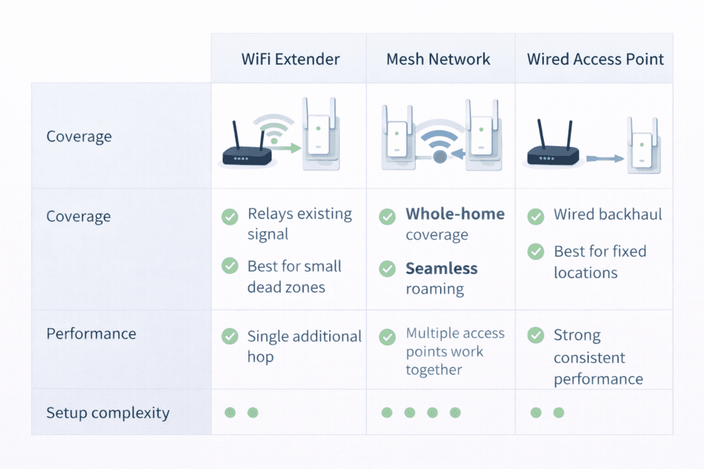 wifi extender vs mesh network vs wired access point comparison